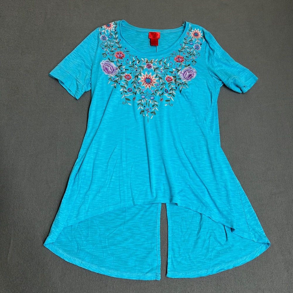 V Cristina Tunic Women Medium Blue Embroidered Floral High Low Back Slit Top